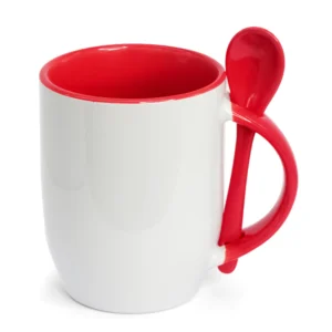 Caneca para Sublimação de Cerâmica Interior e Alça Vermelho com Colher - 325ml